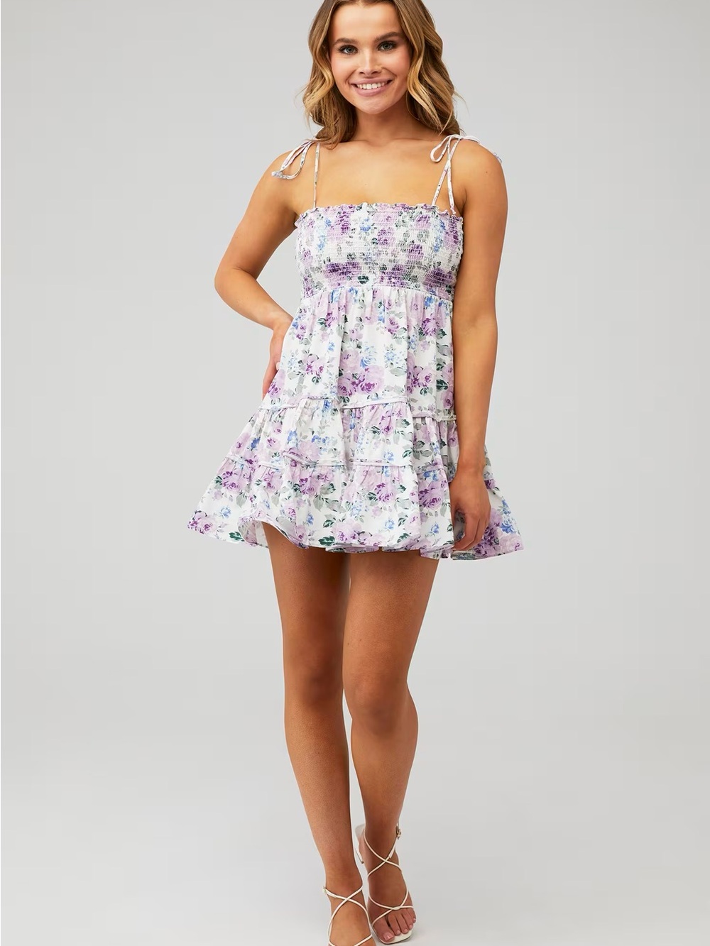Rays For Days Floral Tie-Shoulder Emma Mini Dress - White & Lavender